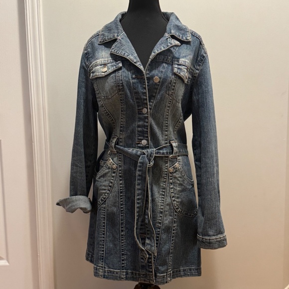 VINTAGE Y2K 725 Original Belted Denim Jean Coat Trench Jacket - Picture 1 of 16